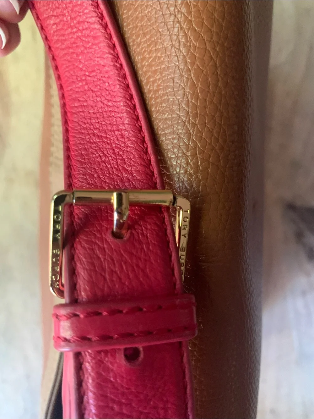 TORY BURCH Two-Tone Brown and Red Leather Shoulder Bag
